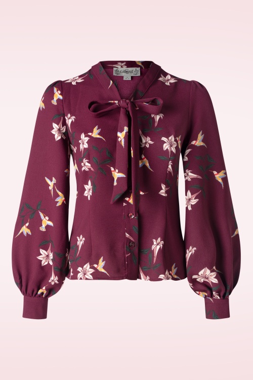 Collectif Clothing - Luiza Lilies and Birds blouse in wijnrood 2