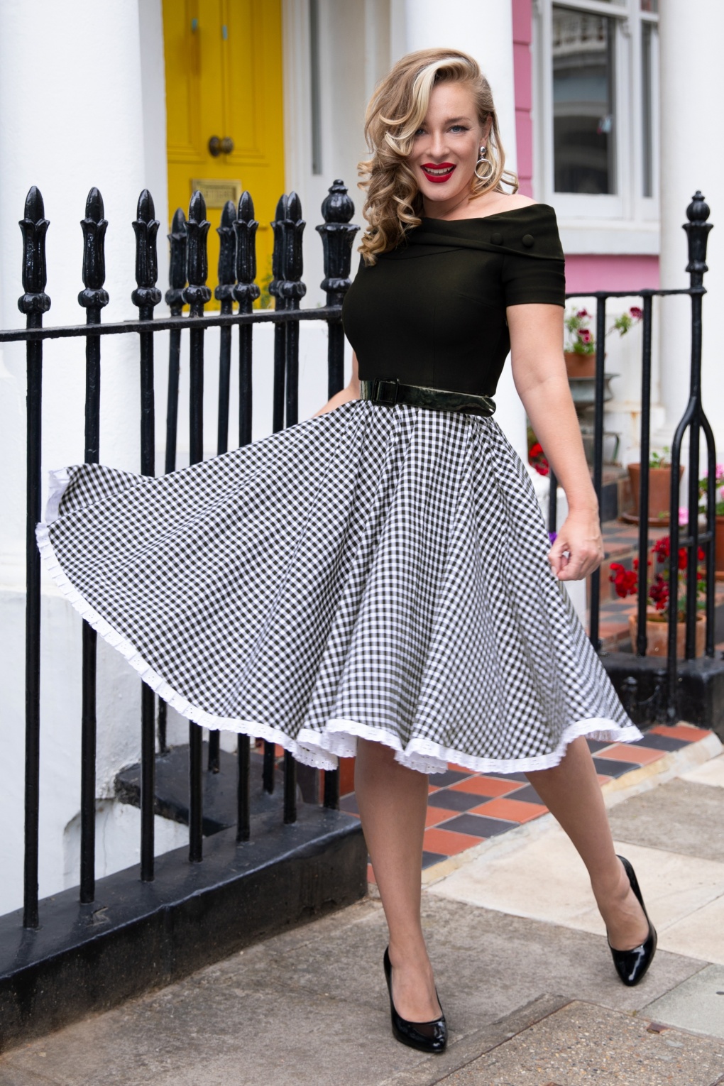 Vintage Dress Black White Houndstooth Fit Flare Retro Style fashion Off The Shoulder