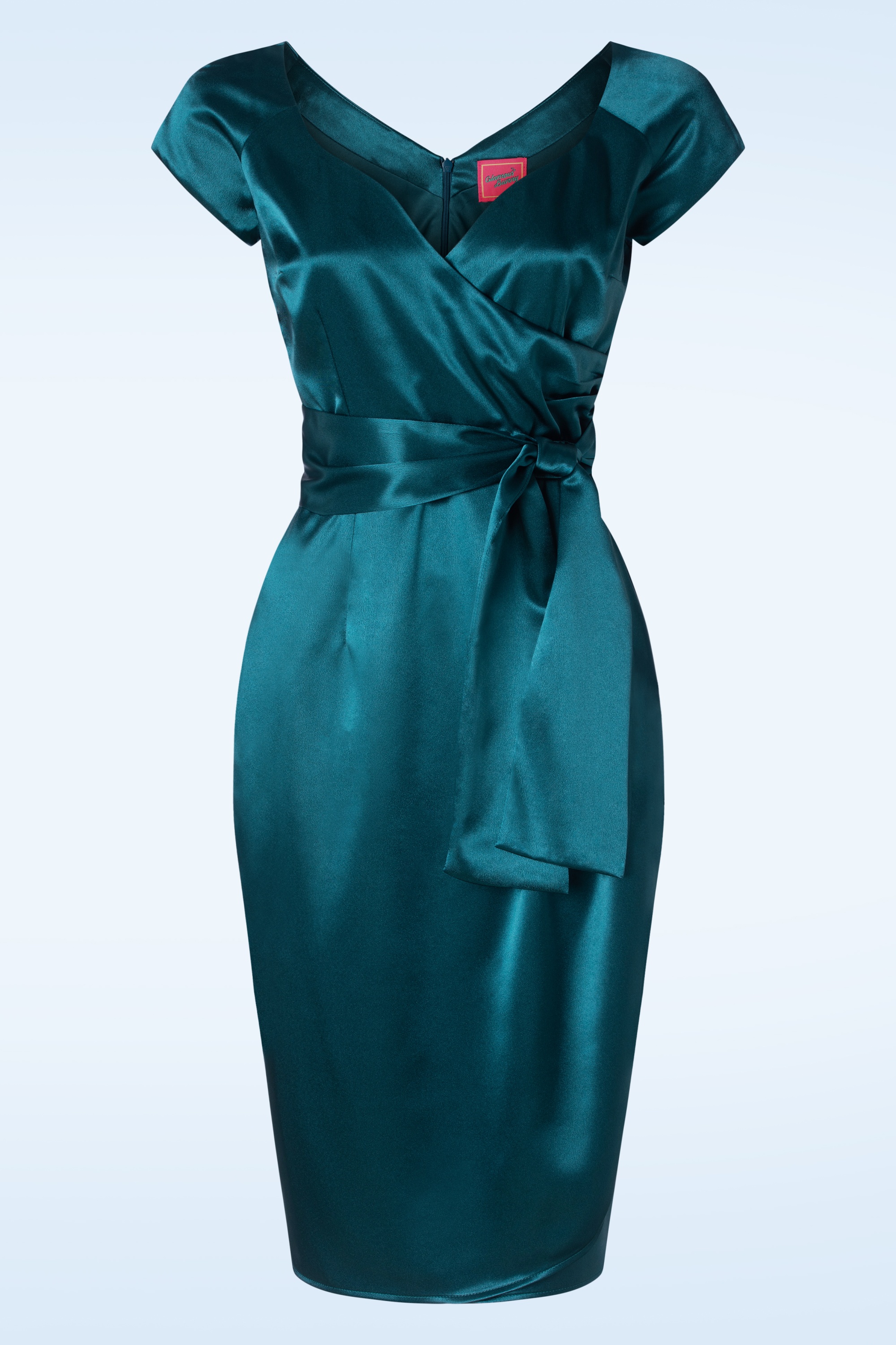 Glamour Bunny - The Moira Satin pencil jurk in teal 4