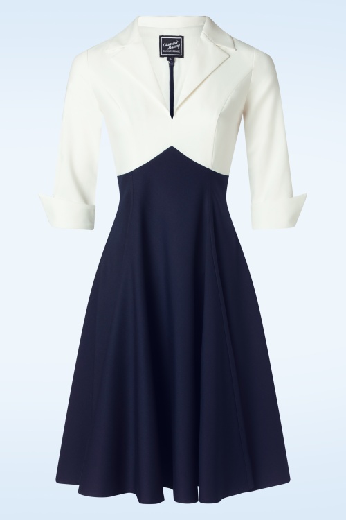 Glamour Bunny Business Babe - Dianne swing jurk in wit en marineblauw 2
