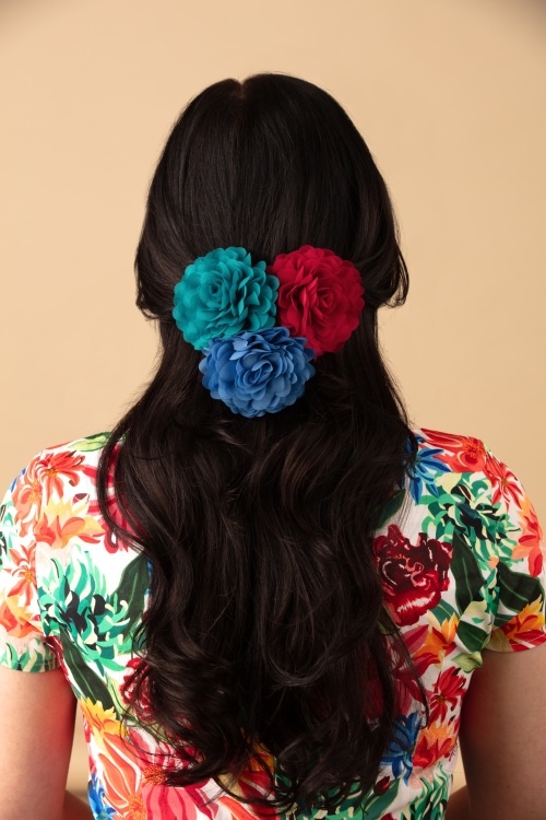 Urban Hippies - Ensemble de fleurs pour cheveux en rouge coquelicot, provence et turquoise