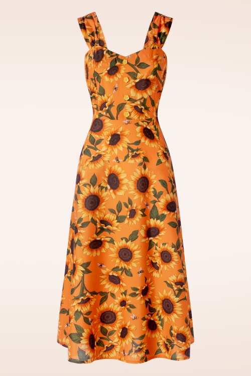 Vixen - Sunflower print midi jurk in oranje