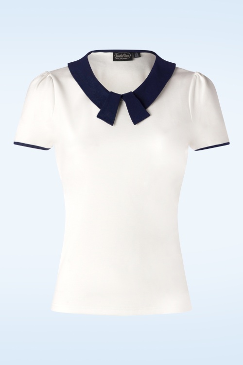 Vixen - Collar Detail Top in Ivory and Navy