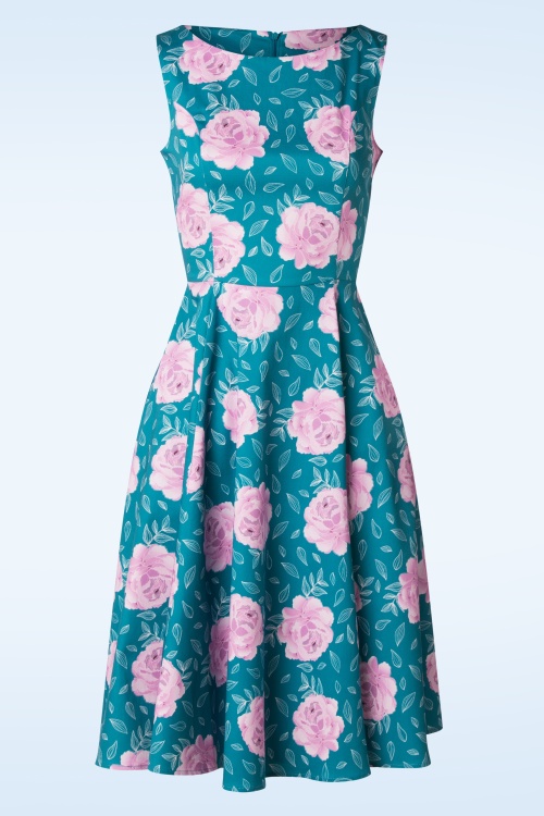Topvintage Boutique Collection - Adriana Floral Swing Dress Années 50 en Bleu Canard 3