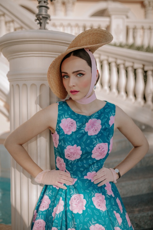 Topvintage Boutique Collection - Adriana Floral Swing Dress Années 50 en Bleu Canard 2