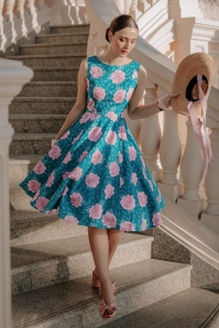 Topvintage Boutique Collection - Adriana Floral Swing Dress Années 50 en Bleu Canard