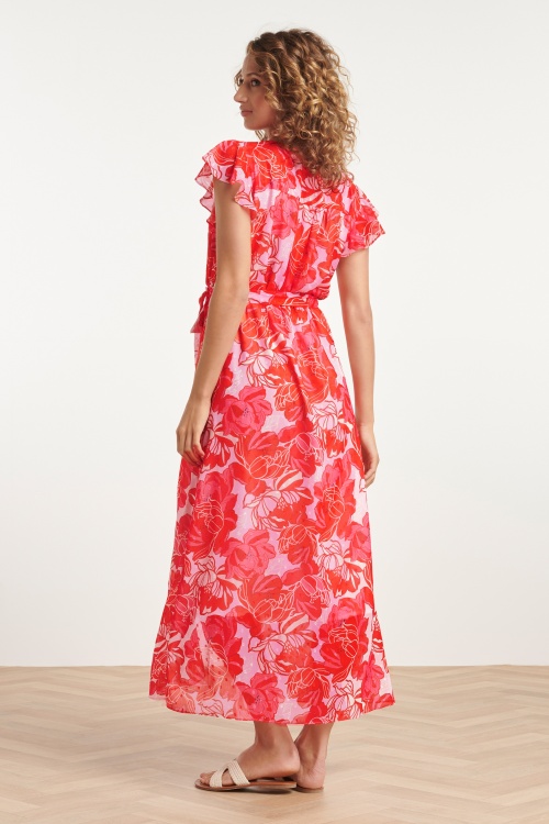 Smashed Lemon - Isla Flower maxi jurk in roze en rood  4
