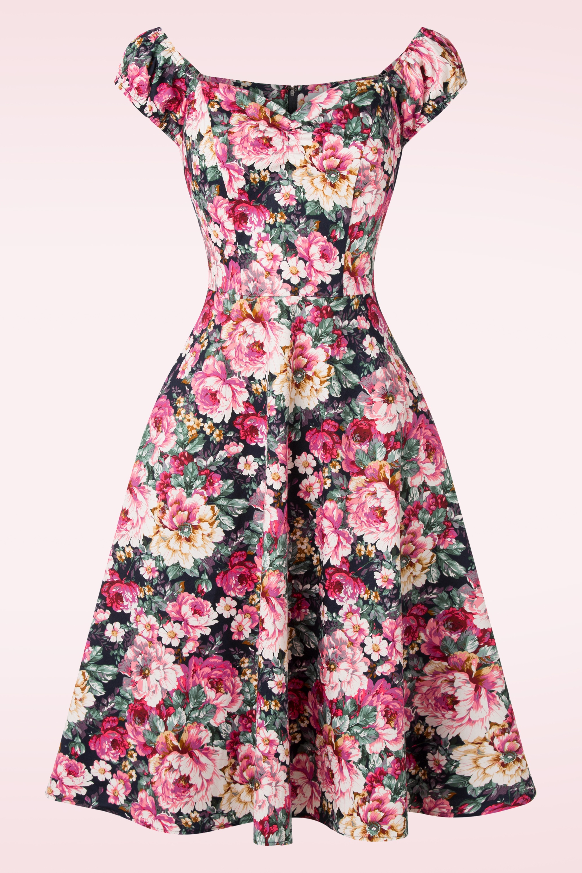 Banned Retro - Flower Show Off Shoulder Swing Jurk in Roze