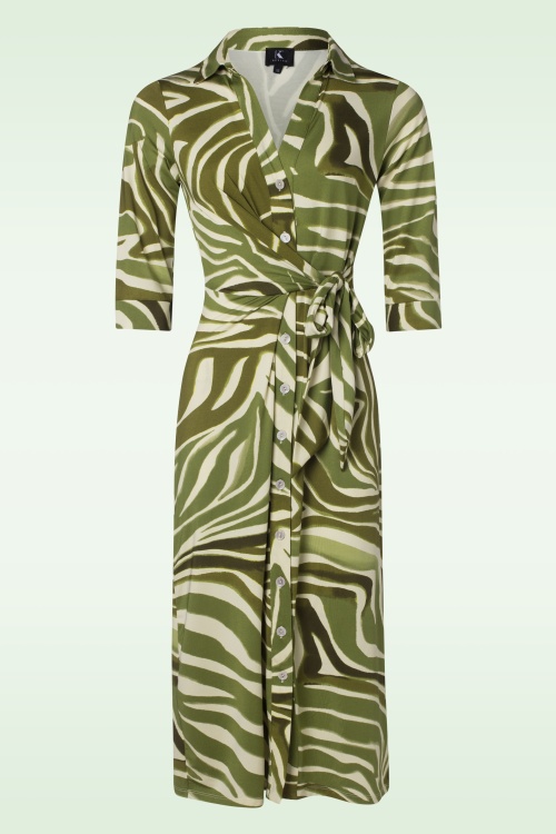black and white printed wrap dress, green tights