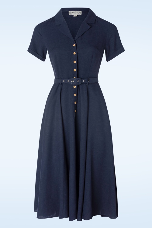Collectif Clothing - Caterina Mini Polkadot Swing Dress Années 40 en Bleu Marine