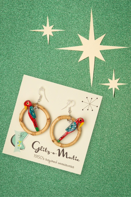 Glitz-o-Matic - 50s Parrot Bamboo Hoop Earrings in Red