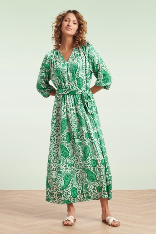 Smashed Lemon - Myra Maxi Dress in Off-White and Green  3