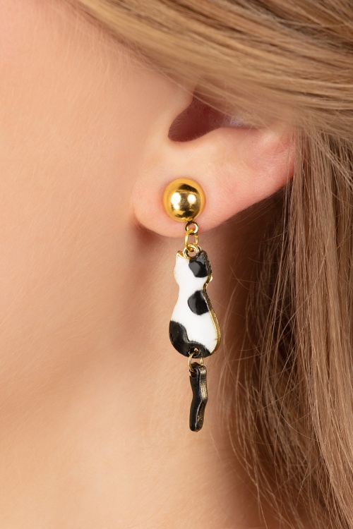 Glitz-o-Matic - Dangling Tail Cat Earrings in Black and White
