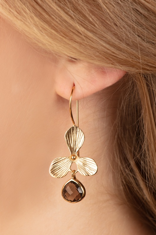 Very Cherry - The Clover Earrings in Gold and Smokey Quartz