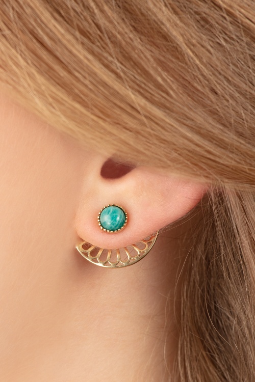 Very Cherry - Flower Fan Earrings in Gold and Green Onyx 2
