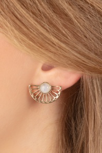 Very Cherry - Flower Fan Earrings in Gold and Moonstone White