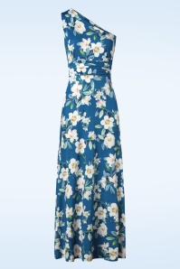 Vintage Chic for Topvintage - Olga Flowers One Shoulder maxi jurk in blauw