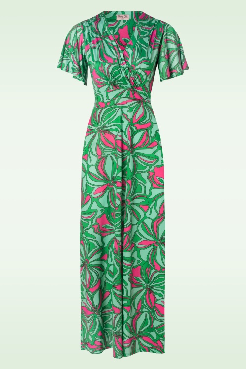 Vintage Chic for Topvintage - Robe longue abstraite Laurie en turquoise et rose