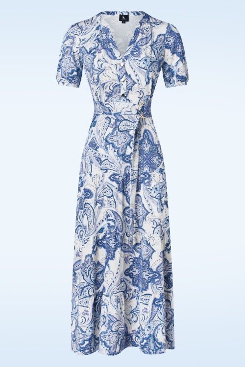 K-Design - Robe longue à motif cachemire Maxine en crème et bleu