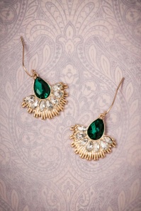 Lovely - 20s Crystal Fan Drop Earrings in Gold and Green