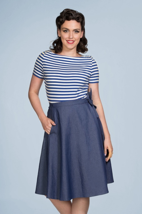 Banned Retro - 50s Sweet Sail Wrap Swing Skirt in Denim Blue 4