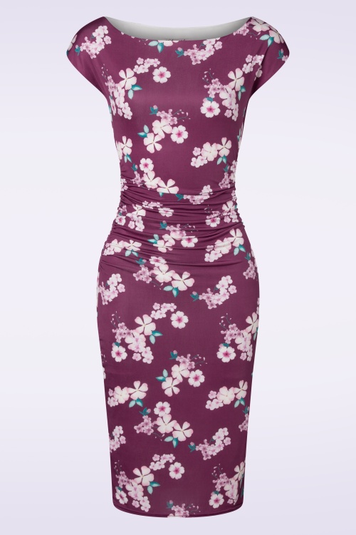 Vintage Chic for Topvintage - Darla floral pencil jurk in druivenrood