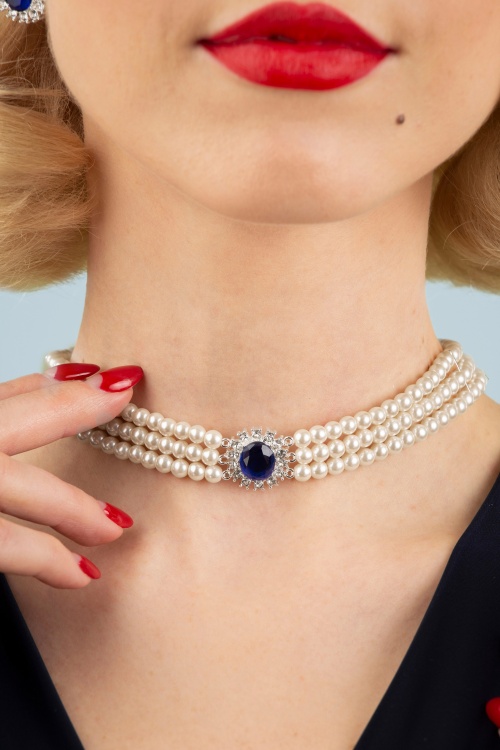 Lovely - Lady Diana Pearl Choker Necklace en Bleu Saphir