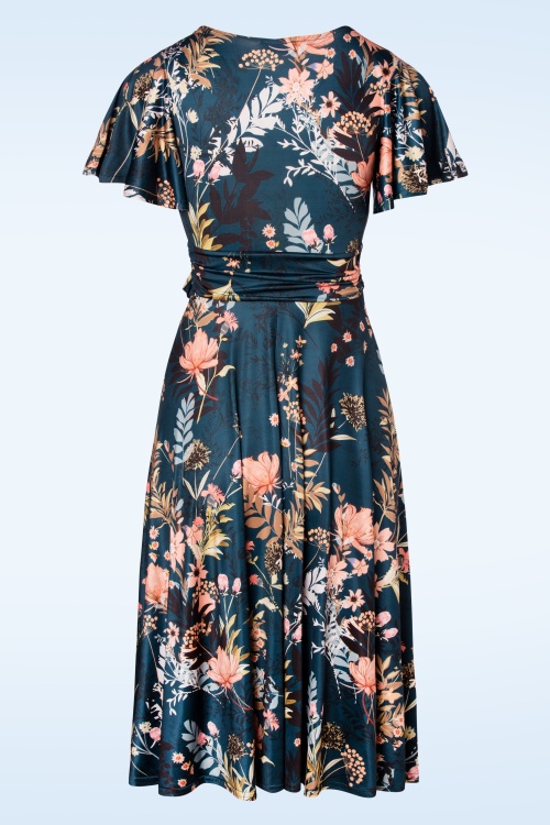 Vintage Chic for Topvintage - 50s Irene Floral Cross Over Swing Dress in Petrol Blue 2