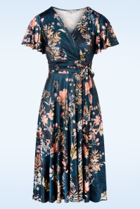 Vintage Chic for Topvintage - Irene Floral Cross Over Swing Dress Années 50 en Bleu Pétrole