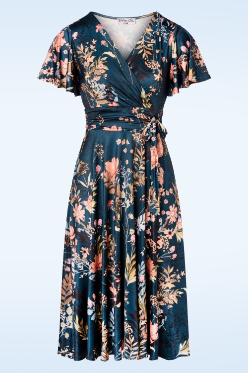 Vintage Chic for Topvintage - Jane Leaf swing jurk in blauw en oranje