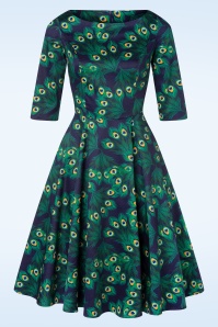 Topvintage Boutique Collection - Exklusiv bei Topvintage ~ Adriana Peacock Swing-Kleid mit langen Ärmeln in Marineblau 3