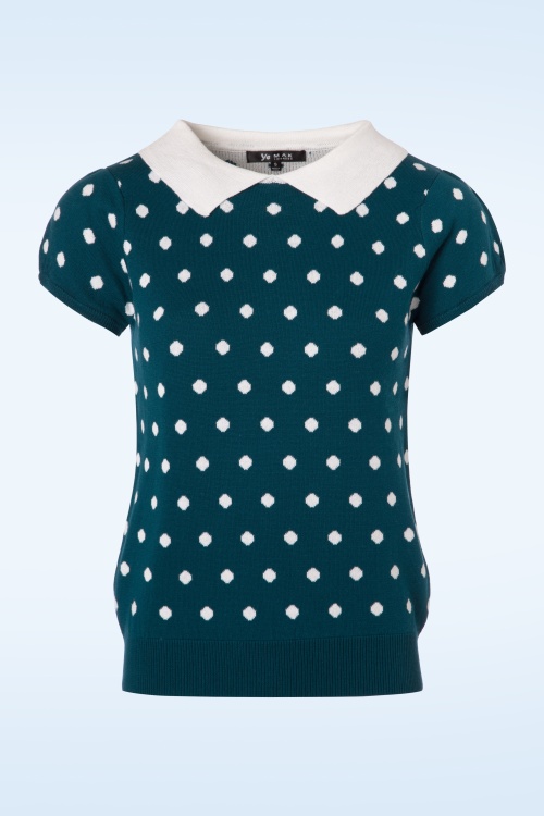 Mak Sweater - 60s Kristen Polkadot Sweater in Teal and Ivory
