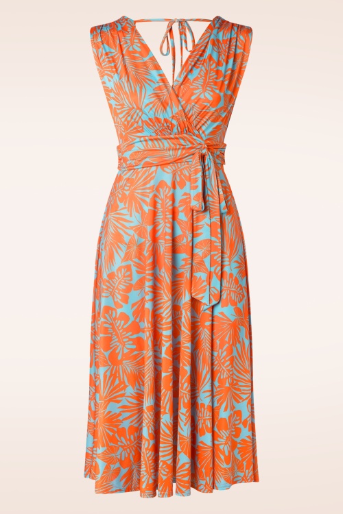 Vintage Chic for Topvintage - Jane Leaf swing jurk in blauw en oranje