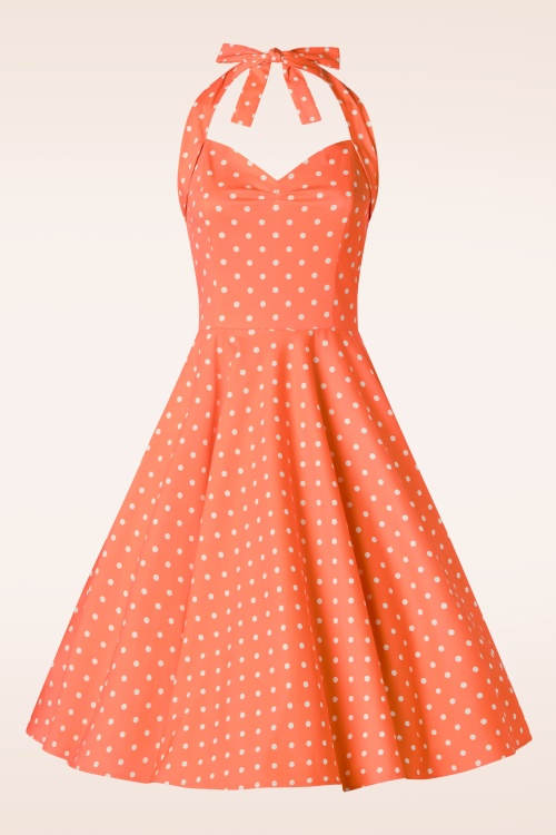 Topvintage Boutique Collection - Topvintage exclusive ~ Bettie polka dot swing jurk in oranje  5