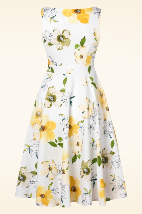 Hearts & Roses - Jamie – Swing-Kleid mit gelben Blumenmuster in Weiß 2