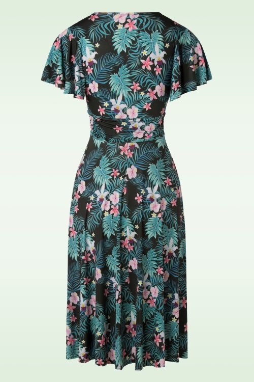 Vintage Chic for Topvintage - 50s Irene Tropical Floral Cross Over Swing Dress in Black 3
