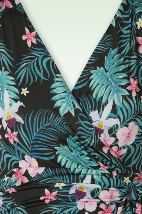 Vintage Chic for Topvintage - Irene Tropical Floral Cross Over Swing Dress Années 50 en Noir 3