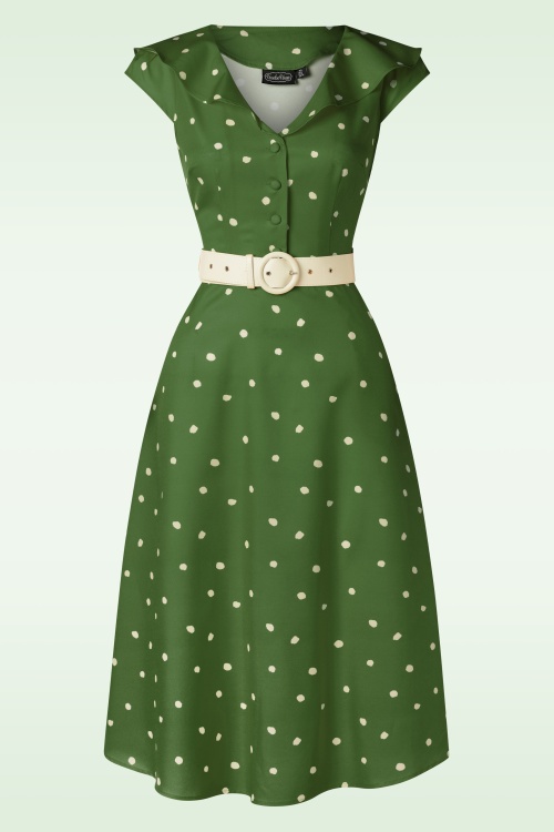 Vixen - Gestippelde midi-jurk met brede kraag in groen