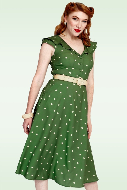 Vixen - Gestippelde midi-jurk met brede kraag in groen 2