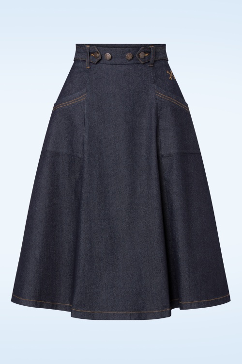 Queen Kerosin - Workwear Denim Skirt Années 50 en Bleu Foncé