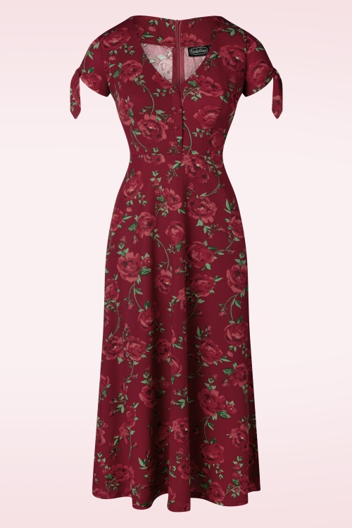 Vixen - Roses Midi Dress Années 60 en Rouge Foncé