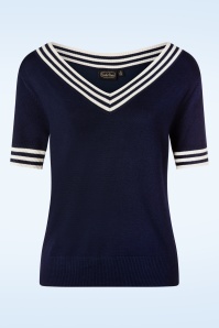 Vixen - 50s Sally Stripe Neckline Short Sleeve Top in Navy