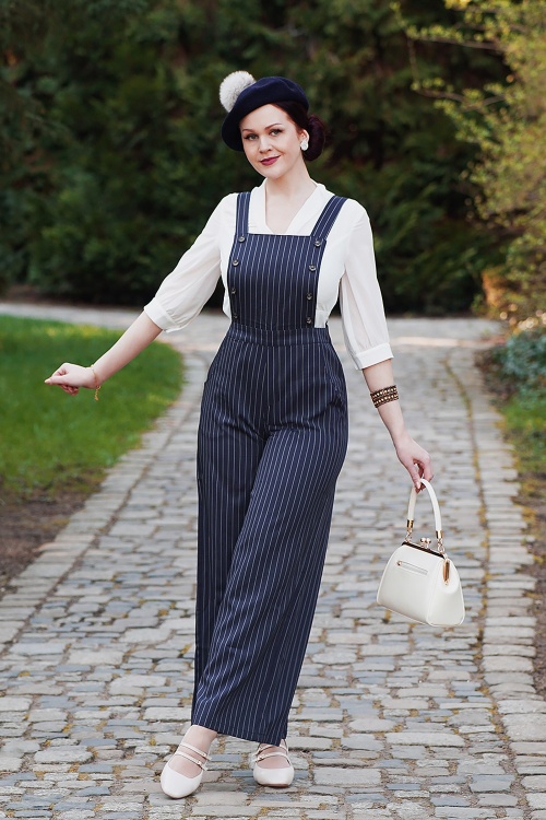 Banned Retro - Stripe Sail Dungarees in Navy