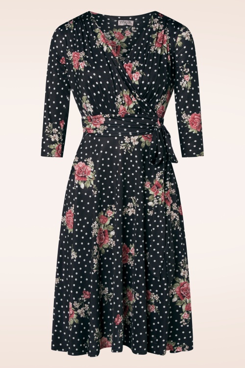 Vintage Chic for Topvintage - Caryl Polka Floral swing jurk in houtskool