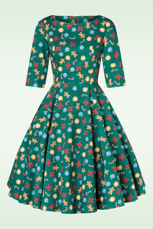 Topvintage Boutique Collection - Exclusief bij Topvintage ~ Adriana Gingerbread swing jurk met lange mouwen in groen 4