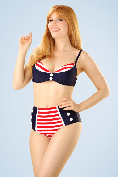 Belsira - Joelle Stripes Bikini Top Années 50 en Bleu Marine et Rouge