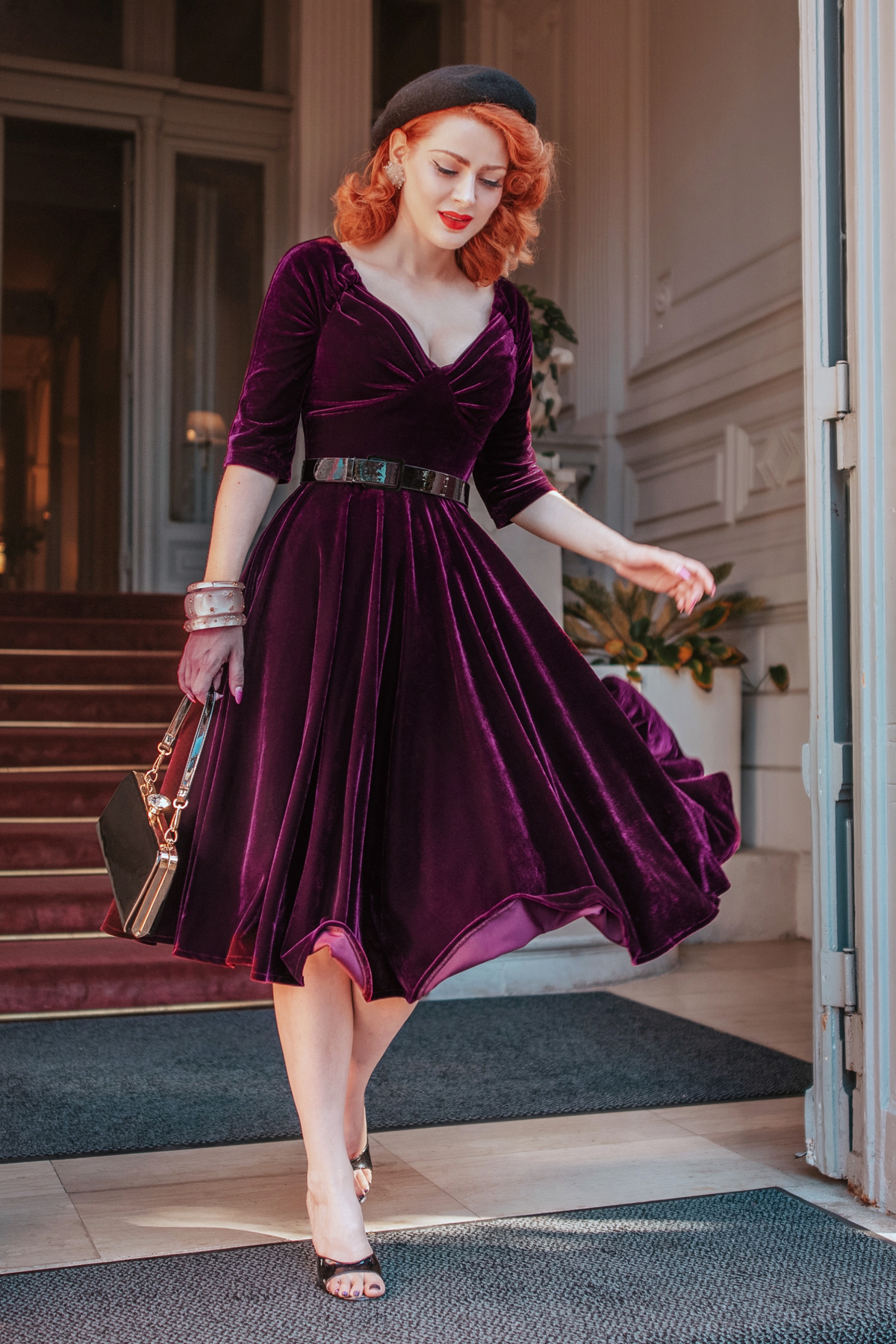 Marilyn Velvet Swing Dress in Burgundy