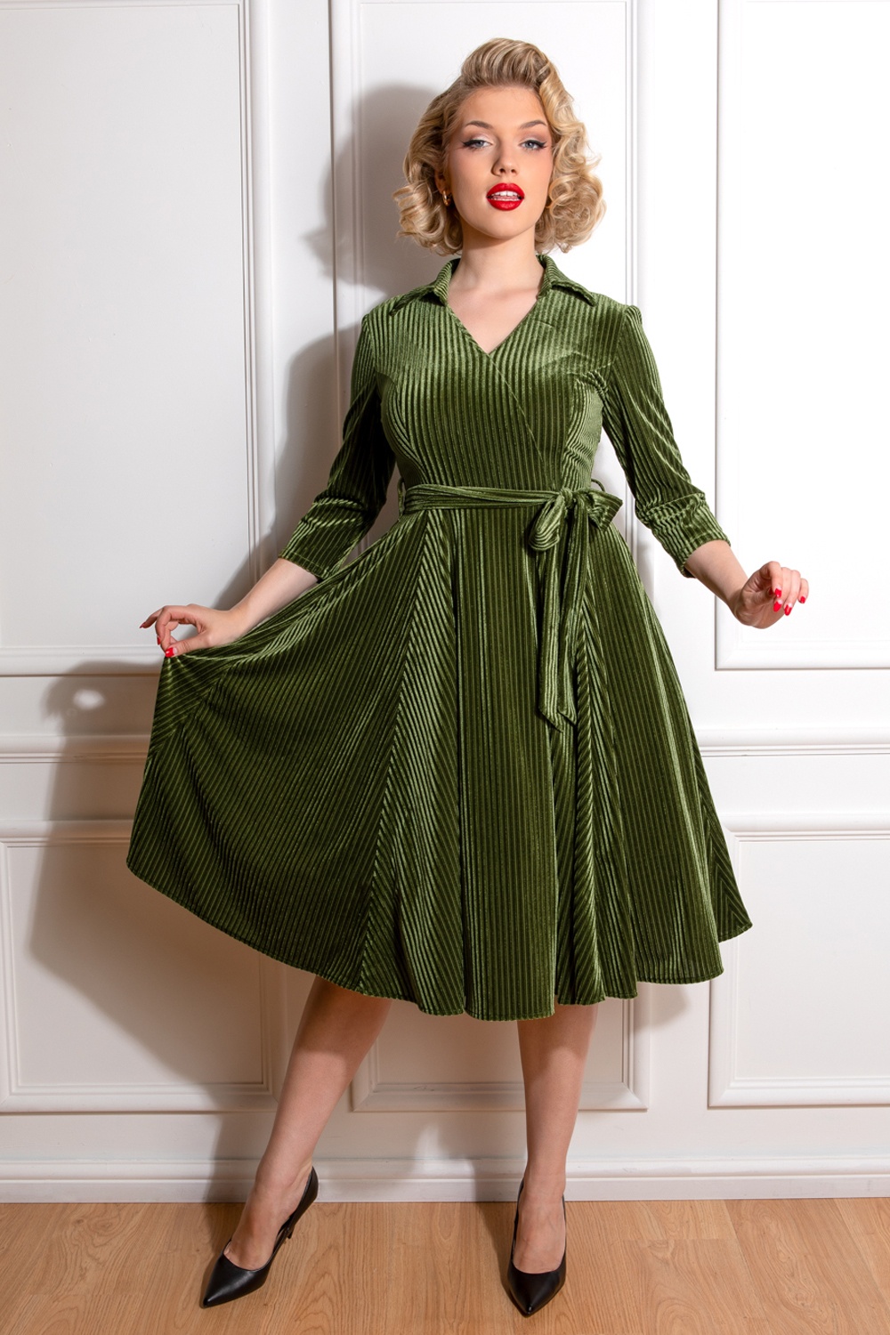 50s Clara Velvet Swing Dress in Olive Green