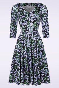 Hearts & Roses - 50s Aoife Flowers Swing Dress in Black and Lilac 2
