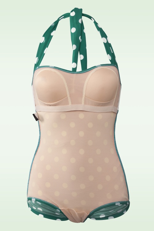 Esther Williams - 50s Classic Sheat Polkadot Swimsuit in Green and White 5